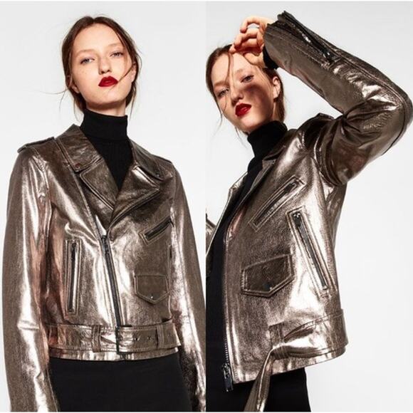 ZARA Genuine Leather Jacket Silver Metallic Belted Moto Biker Jacket - Picture 2 of 16